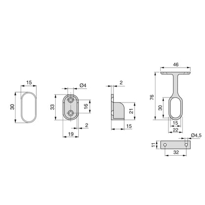 Emuca Lotto di 2 tubi appendiabiti ovali 30x15mm per armadi lunghezza 1,15m con reggitubi, Acciaio e Zama, Cromato lucido
