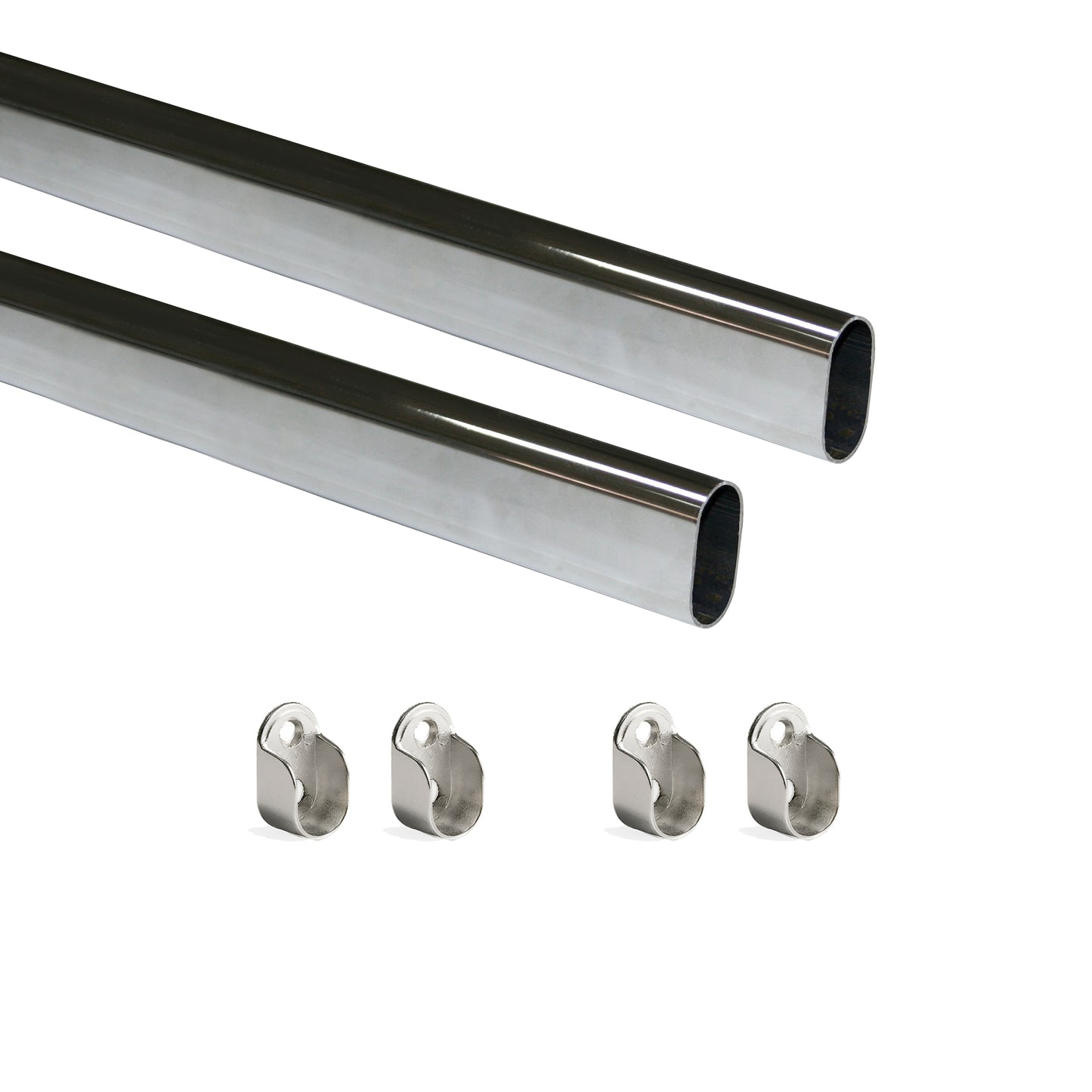 Emuca Lotto di 2 tubi appendiabiti ovali 30x15mm per armadi lunghezza 1,15m con reggitubi, Acciaio e Zama, Cromato lucido