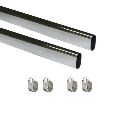 Emuca Lotto di 2 tubi appendiabiti ovali 30x15mm per armadi lunghezza 1,15m con reggitubi, Acciaio e Zama, Cromato lucido
