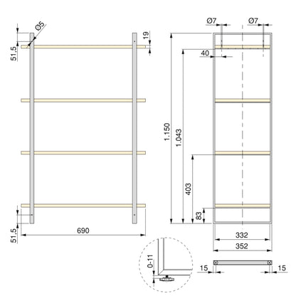 Emuca Kit di scaffali Lader con struttura e ripiani, altezza 1150 mm, Acciaio, Verniciato nero e Legno