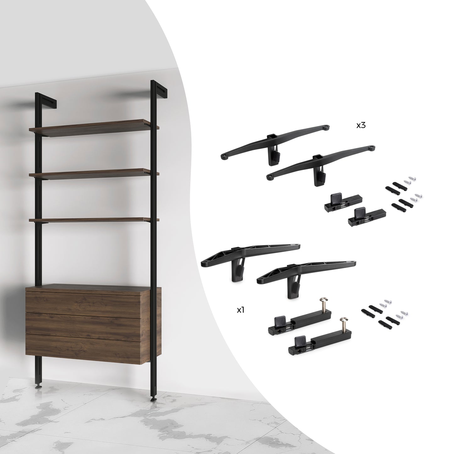 Emuca Kit di staffe per 3 ripiani in legno e 1 modulo per struttura Zero, Zama, Verniciato nero testurizzato