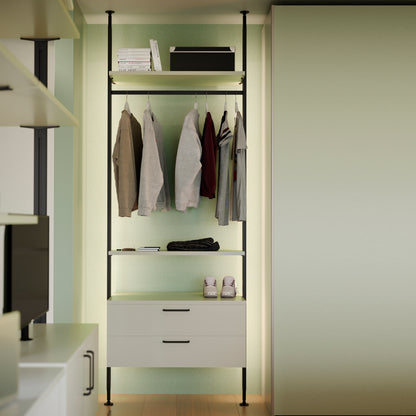 Emuca Kit di staffe per 4 ripiani in legno e 1 asta appendiabiti lunga 1 m Zero, Alluminio e Zama e Tecnoplastica, Verniciato nero testurizzato