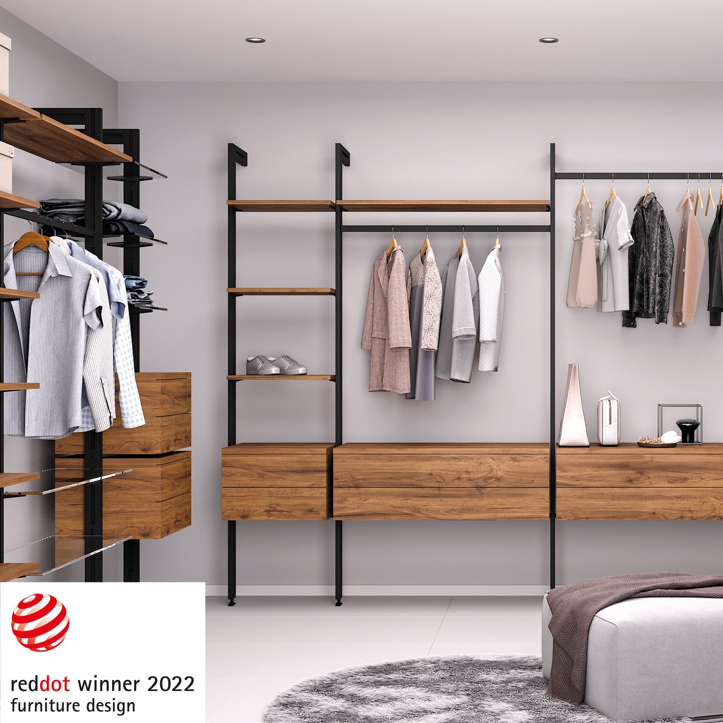 Emuca Kit di staffe per 4 ripiani in legno e 1 asta appendiabiti lunga 1 m Zero, Alluminio e Zama e Tecnoplastica, Verniciato nero testurizzato