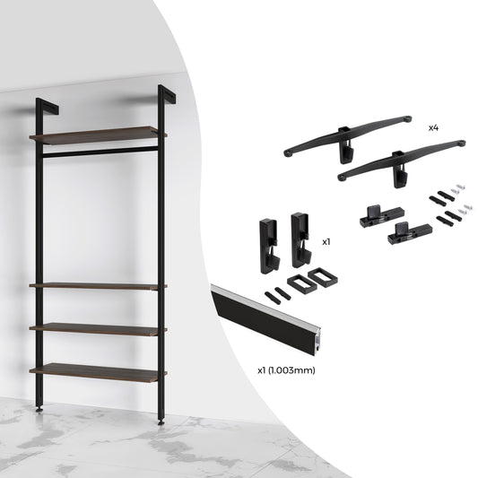 Emuca Kit di staffe per 4 ripiani in legno e 1 asta appendiabiti lunga 1 m Zero, Alluminio e Zama e Tecnoplastica, Verniciato nero testurizzato