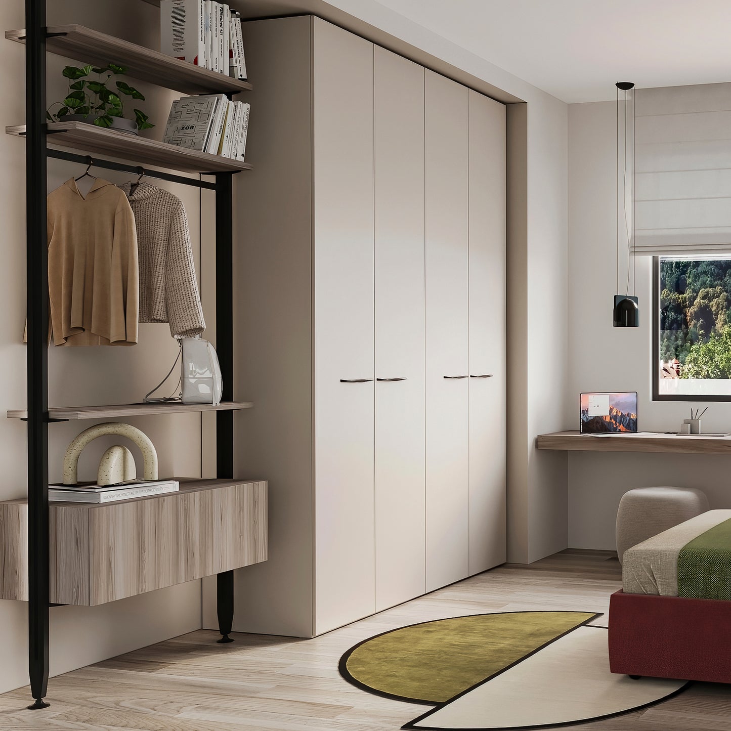 Emuca Kit di staffe per 1 ripiano in legno, 1 modulo e 1 asta di sospensione, lunghezza 1 m Zero, Zama, Verniciato nero testurizzato