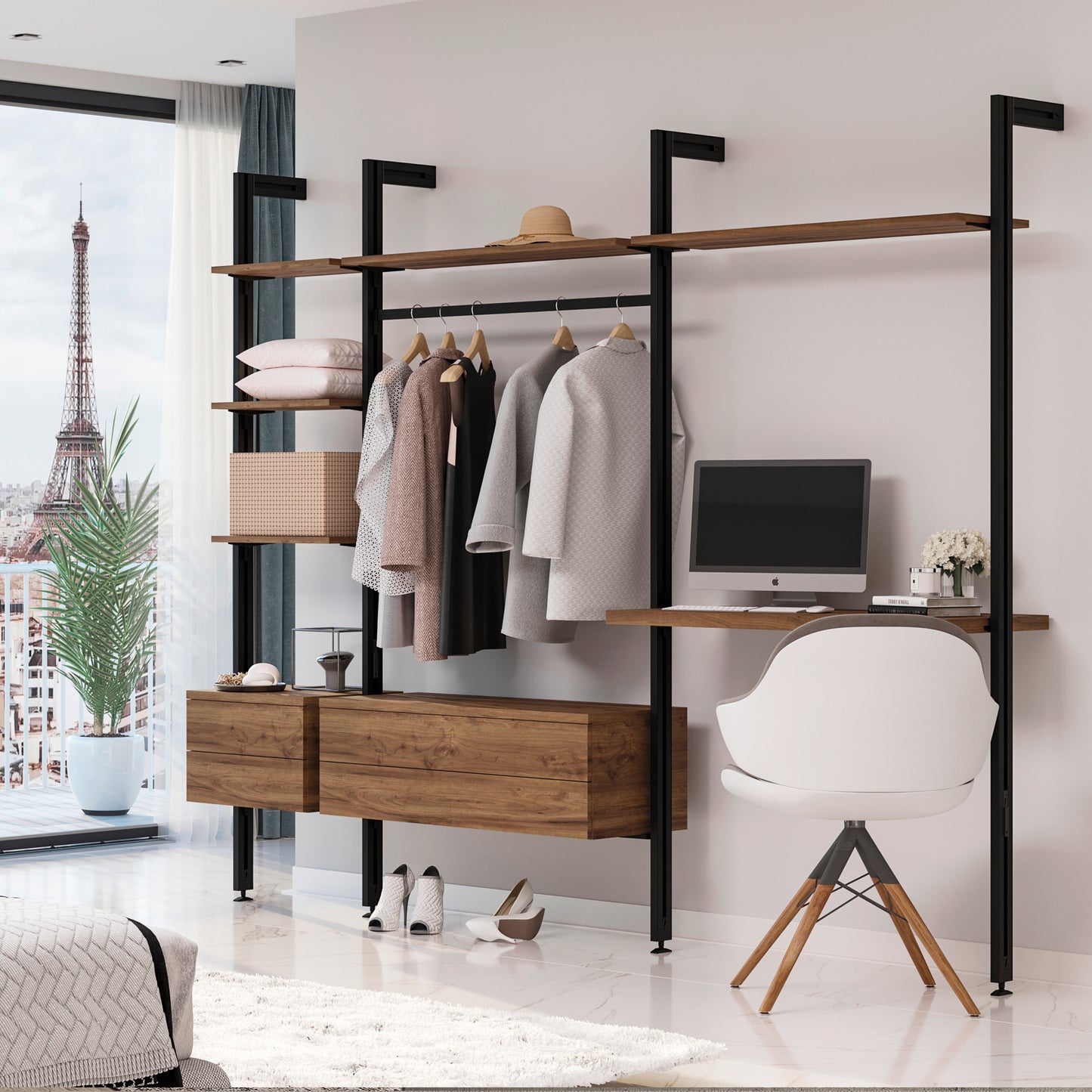 Emuca Kit di staffe per 1 ripiano in legno, 1 modulo e 1 asta di sospensione, lunghezza 1 m Zero, Zama, Verniciato nero testurizzato