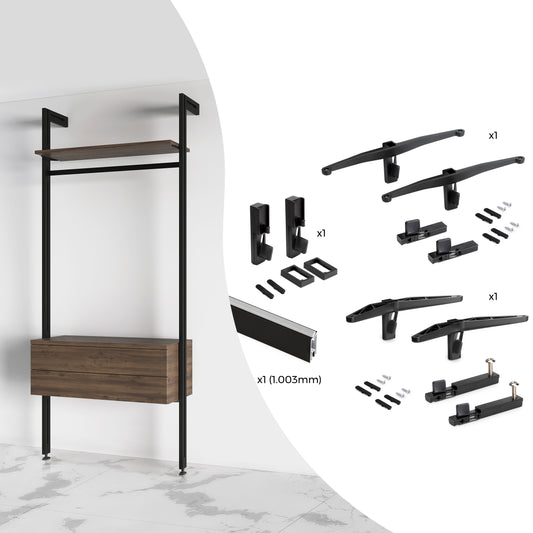 Emuca Kit di staffe per 1 ripiano in legno, 1 modulo e 1 asta di sospensione, lunghezza 1 m Zero, Zama, Verniciato nero testurizzato