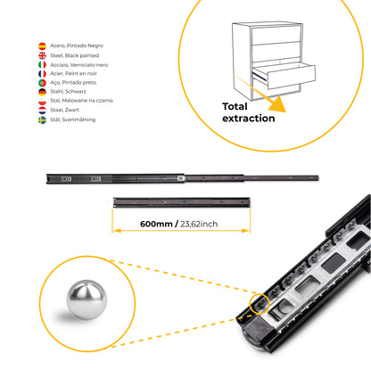 Guide a sfera per cassetti ad estrazione totale, altezza 45 mm