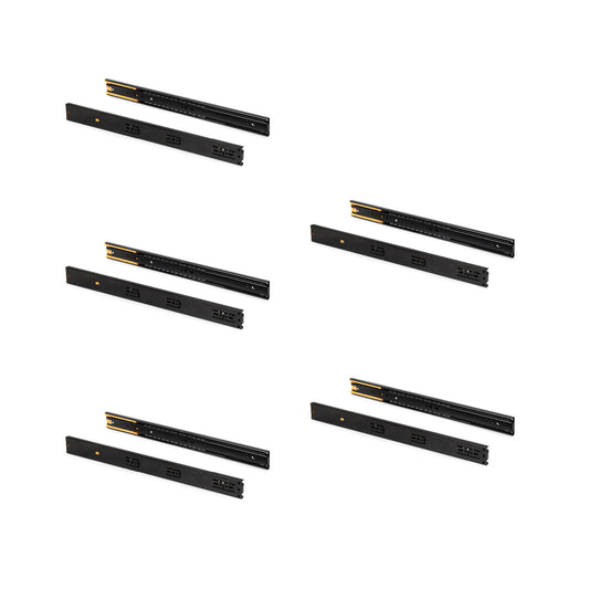 Emuca Lotto di 5 set guide per cassetti, a sfera, altezza 45 mm, profondità 300 mm, estrazione totale, chiusura soft, Nera