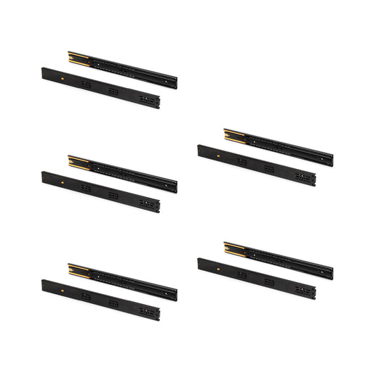 Emuca Lotto di 5 set guide per cassetti, a sfera, altezza 45 mm, profondità 350 mm, estrazione totale, chiusura soft, Nera