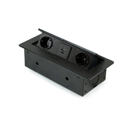 Emuca Multiconnettore da tavolo Atom 26 Lite, 225x111mm, 2 prese Schuko, 1 USB Tipo A, 1 USB Tipo C, Zama-Acciaio-Plastica, Nero