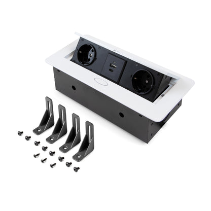 Emuca Multiconnettore da tavolo Atom 26 Lite, 225x111 mm, 2 prese Schuko, 1 USB Tipo A, 1 USB Tipo C, Zama-Acciaio-Plastica, Bianco