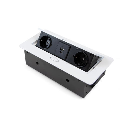 Emuca Multiconnettore da tavolo Atom 26 Lite, 225x111 mm, 2 prese Schuko, 1 USB Tipo A, 1 USB Tipo C, Zama-Acciaio-Plastica, Bianco