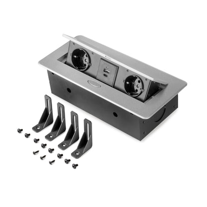 Emuca Multiconnettore da tavolo Atom 26 Lite, 225x111 mm, 2 prese Schuko, 1 USB Tipo A, 1 USB Tipo C, Zama-Acciaio-Plastica, Grigio metallizzata