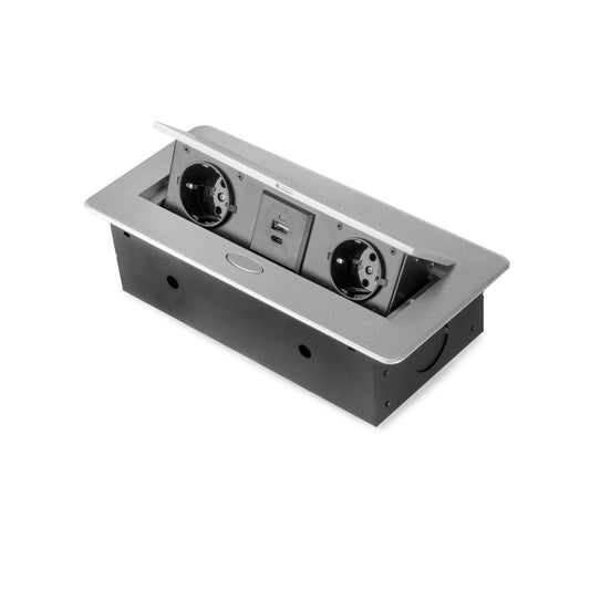Emuca Multiconnettore da tavolo Atom 26 Lite, 225x111 mm, 2 prese Schuko, 1 USB Tipo A, 1 USB Tipo C, Zama-Acciaio-Plastica, Grigio metallizzata