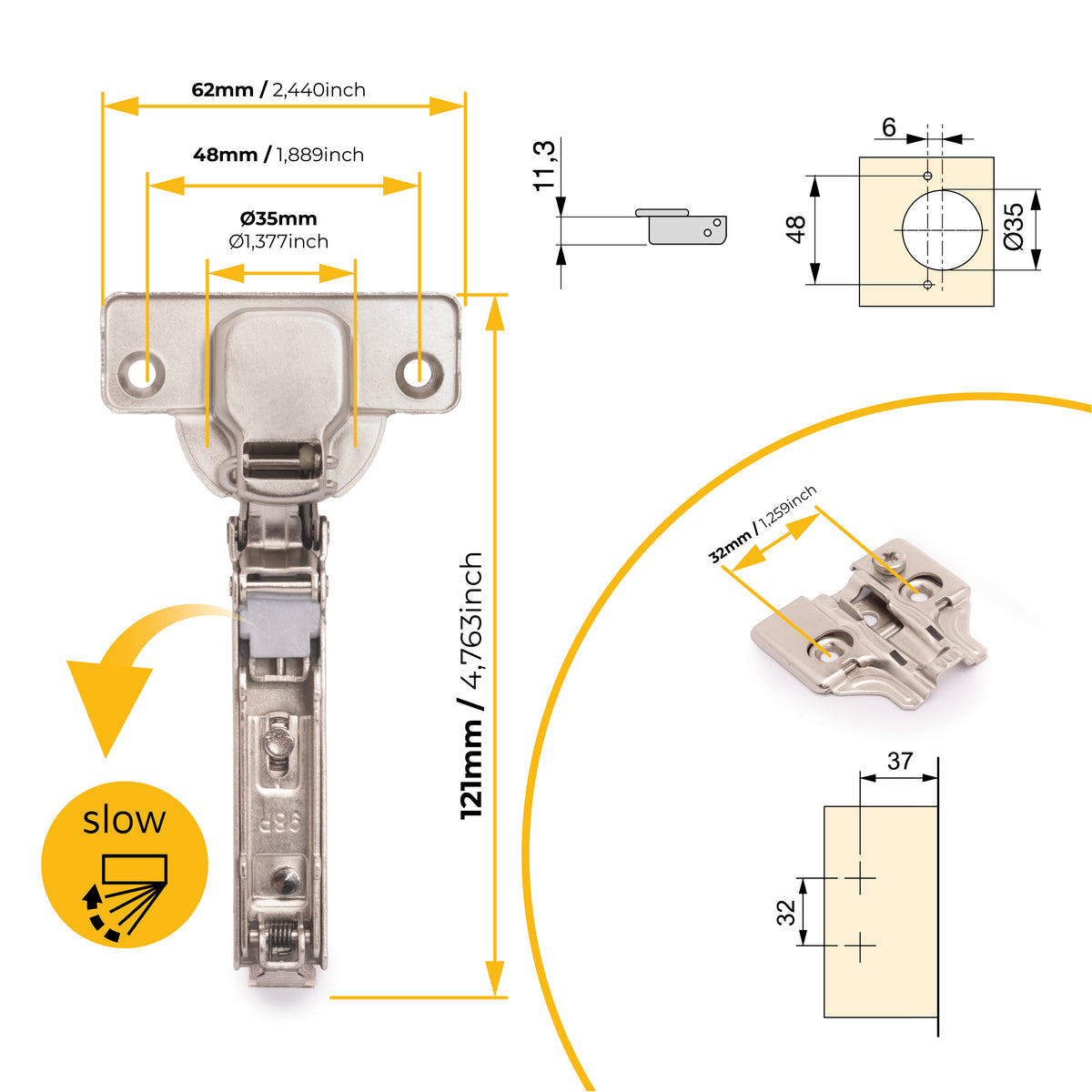 Kit cerniera collo dritto X92 con chiusura ammortizzata e basetta