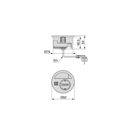 Emuca Multiconnettore Circle 80, diametro 80 mm, 1 x presa Schuko, 1 USB Tipo A, 1 USB Tipo C, Tecnoplastica, Verniciato nero