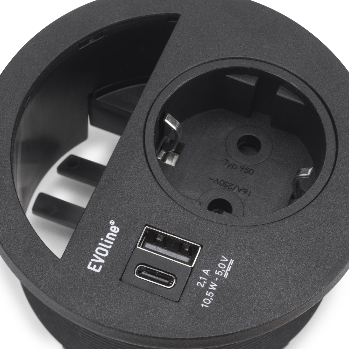 Emuca Multiconnettore Circle 80, diametro 80 mm, 1 x presa Schuko, 1 USB Tipo A, 1 USB Tipo C, Tecnoplastica, Verniciato nero
