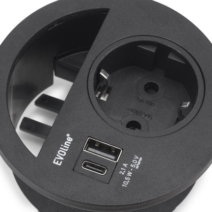 Emuca Multiconnettore Circle 80, diametro 80 mm, 1 x presa Schuko, 1 USB Tipo A, 1 USB Tipo C, Tecnoplastica, Verniciato nero