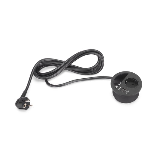 Emuca Multiconnettore Circle 80, diametro 80 mm, 1 x presa Schuko, 1 USB Tipo A, 1 USB Tipo C, Tecnoplastica, Verniciato nero