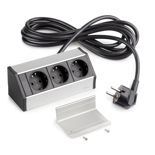 Emuca Multiconnettore da superficie Dock V , 3 prese Schuko, Tecnoplastica e Alluminio, Anodizzato opaco