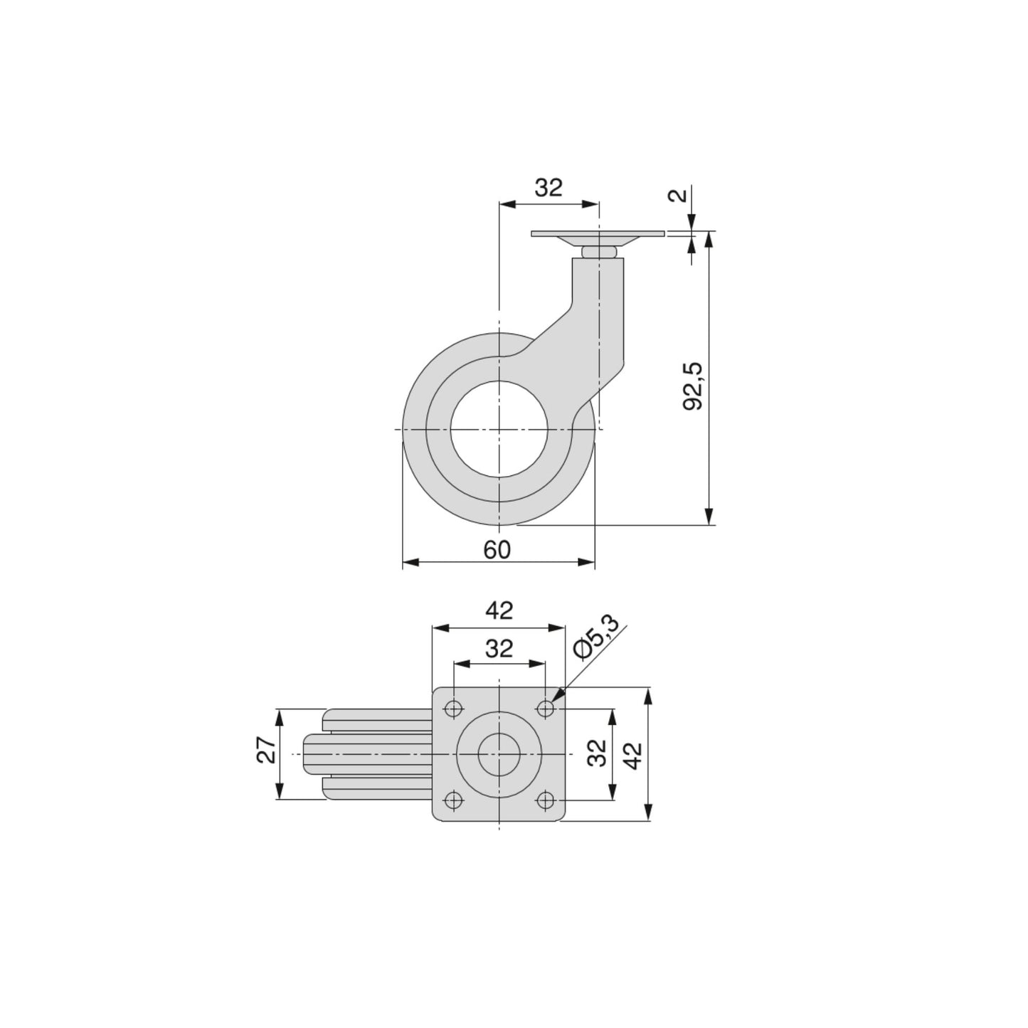 Emuca Lotto di 4 ruote Hole 2 con piastra di montaggio, diametro 60 mm, Acciaio e plastica, Tecnoplastica grigio