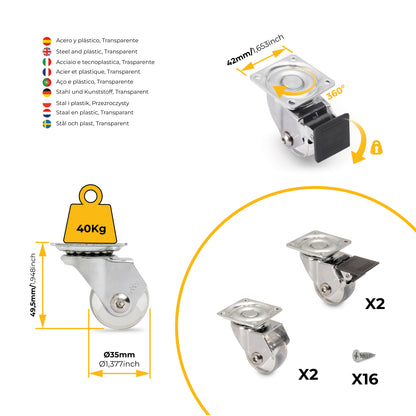 Emuca Lotto di 4 ruote Slip 3 trasparenti con piastra di montaggio, diametro 35 mm, Acciaio e Tecnoplastica