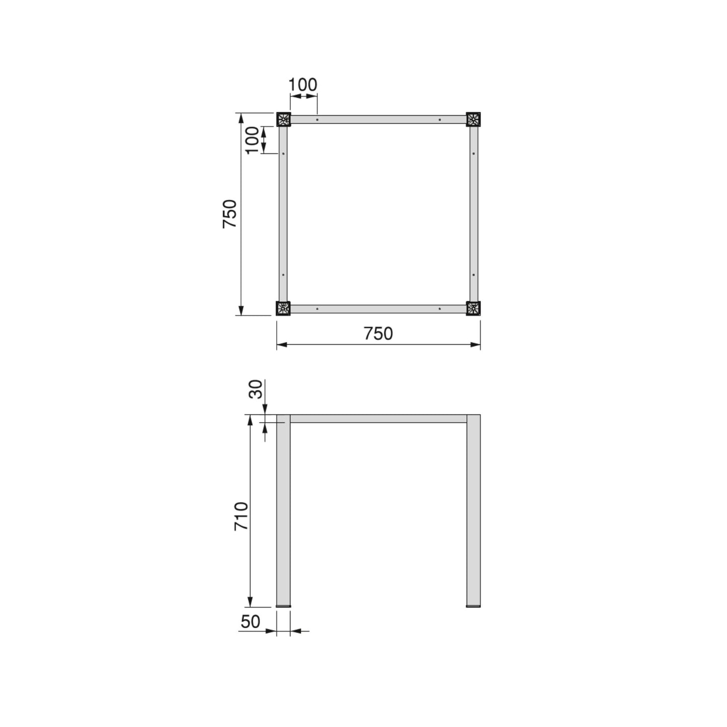Emuca Gambe quadrate e struttura del tavolo, 50x50mm, 750x750mm, Acciaio, Verniciato bianco
