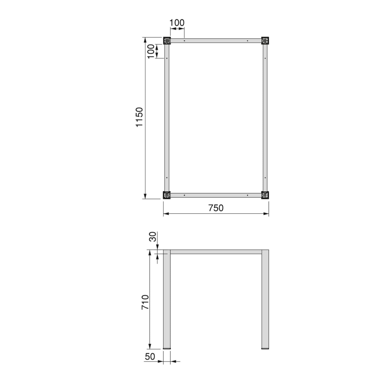 Emuca Gambe quadrate e struttura del tavolo, 50x50mm, 1150x750mm, Acciaio, Verniciato bianco