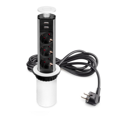 Emuca Multipresa estraibile Vertikal, 3 prese Schuko, 2 USB tipo A, Tecnoplastica e Alluminio, Verniciato bianco