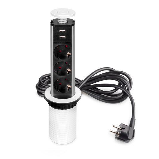 Emuca Multipresa estraibile Vertikal, 3 prese Schuko, 2 USB tipo A, Tecnoplastica e Alluminio, Verniciato bianco