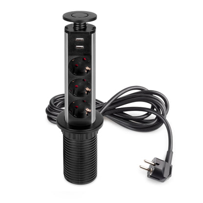 Emuca Multipresa estraibile Vertikal, 3 prese Schuko, 2 USB tipo A, Tecnoplastica e Alluminio, Verniciato nero