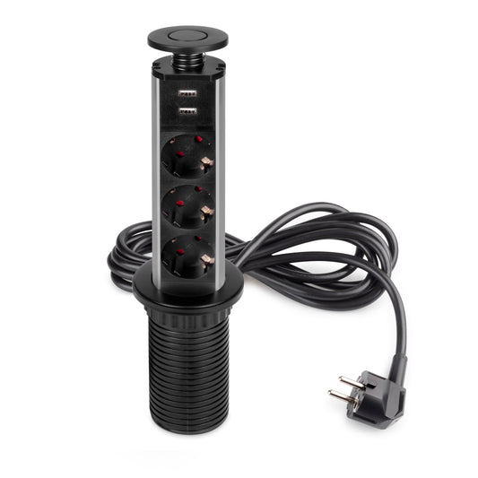 Emuca Multipresa estraibile Vertikal, 3 prese Schuko, 2 USB tipo A, Tecnoplastica e Alluminio, Verniciato nero
