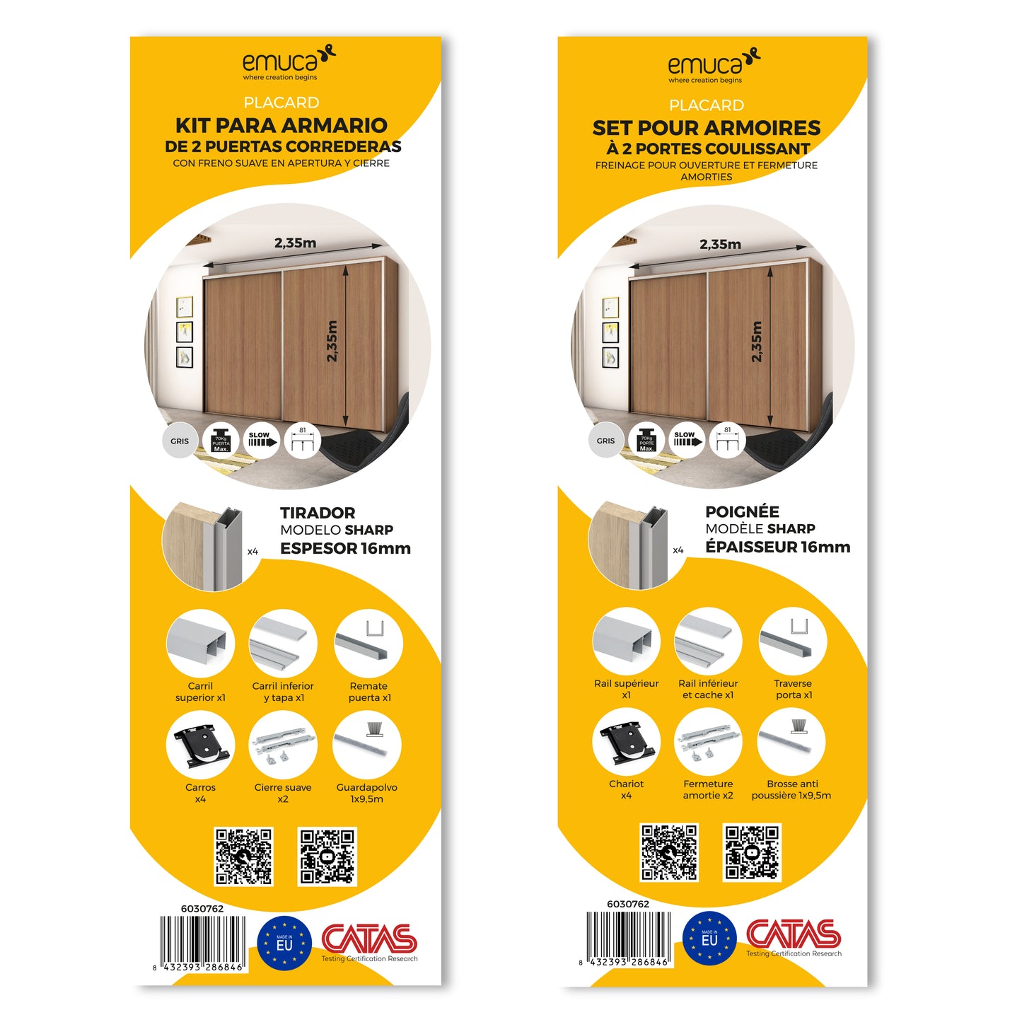 Emuca Kit di ferramenta per armadio a 2 ante e chiusura ammortizzata Placard 81, profilo Sharp, spessore 16 mm, pannelli non inclusi, Anodizzato opaco