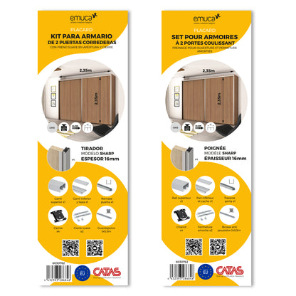Emuca Kit di ferramenta per armadio a 2 ante e chiusura ammortizzata Placard 81, profilo Sharp, spessore 16 mm, pannelli non inclusi, Anodizzato opaco
