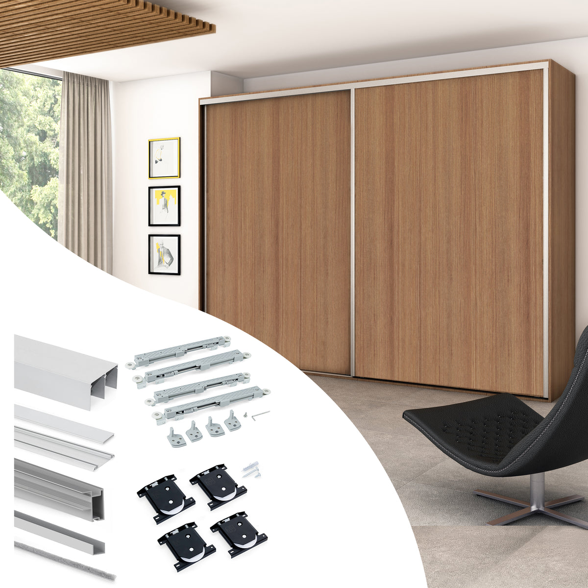 Sistema scorrevole per armadio 2 ante a scorrimento inferiore Placard con profili Sharp e chiusura soft