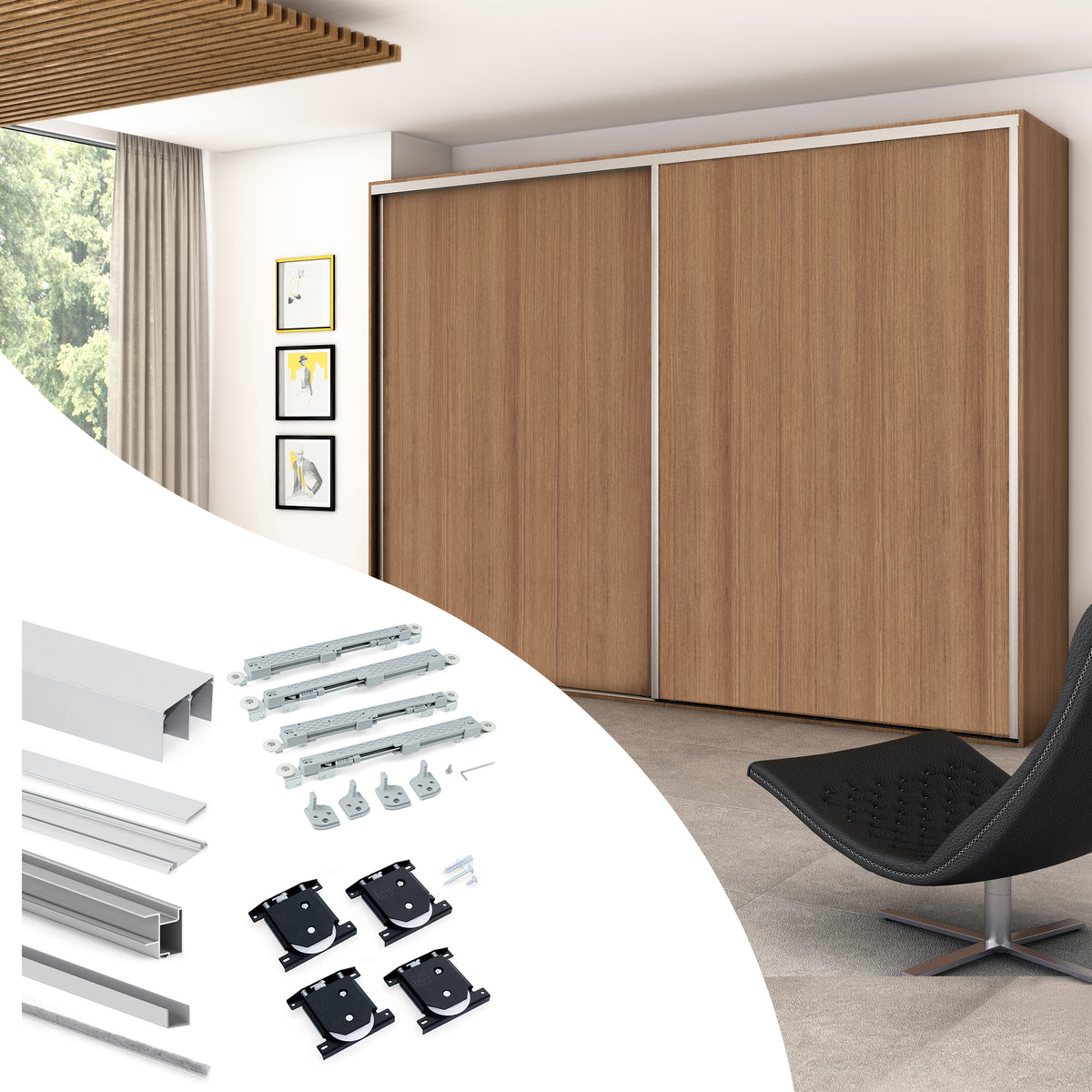 Sistema scorrevole per armadio 2 ante a scorrimento inferiore Placard con profili Deep e chiusura soft