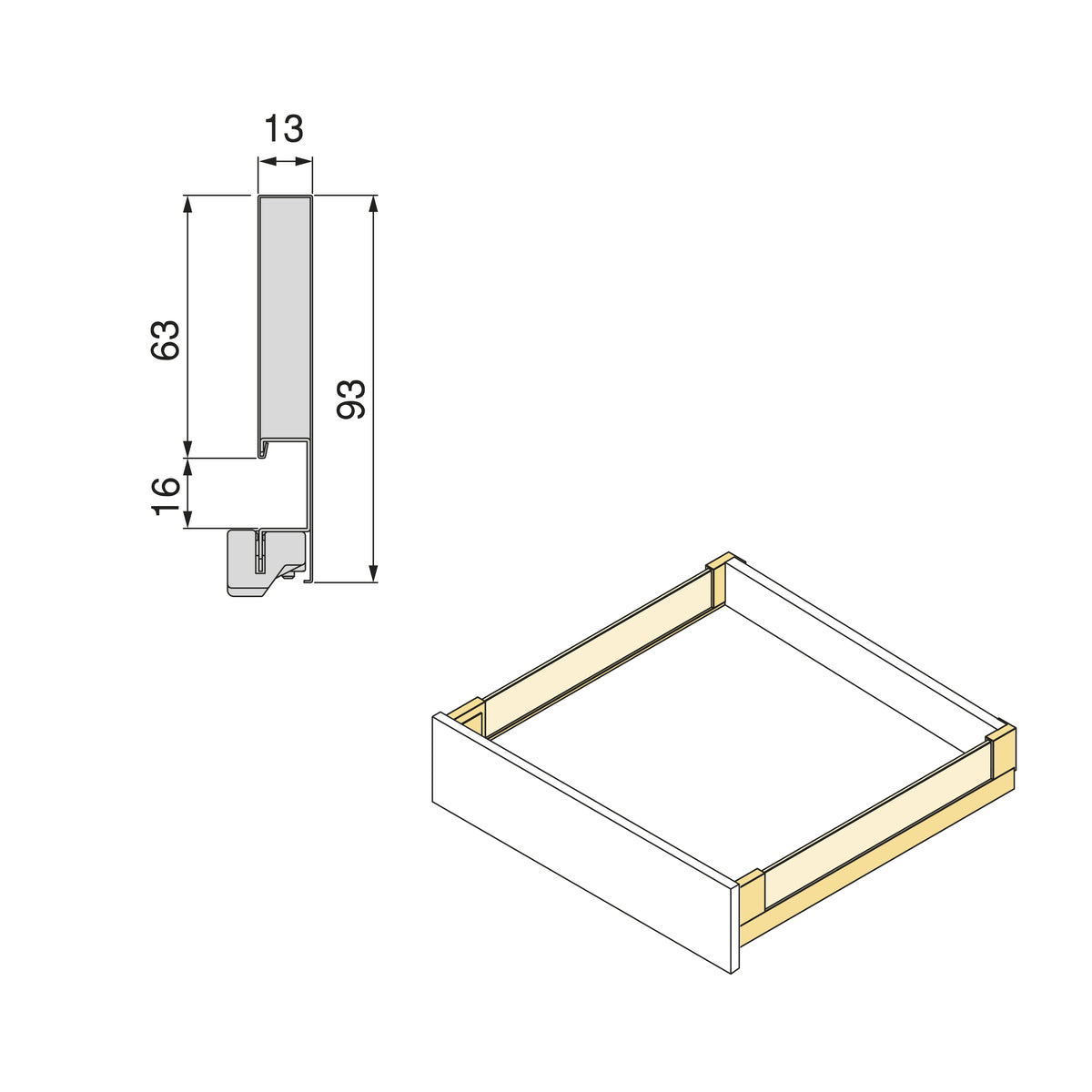 Cassetto esterno Vertex 40 kg altezza 93mm con sponde in vetro