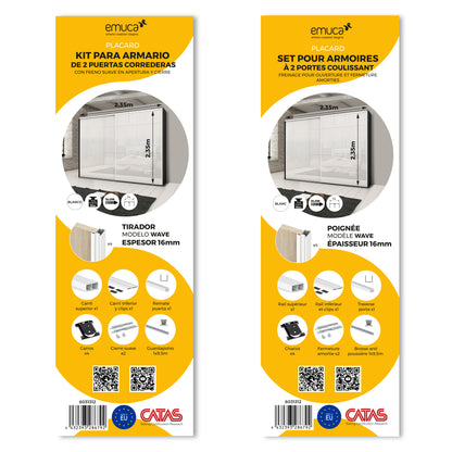 Emuca Kit di ferramenta per armadio a 2 ante e chiusura ammortizzata Placard 74, profilo Wave, spessore 16 mm, pannelli non inclusi, Verniciato bianco