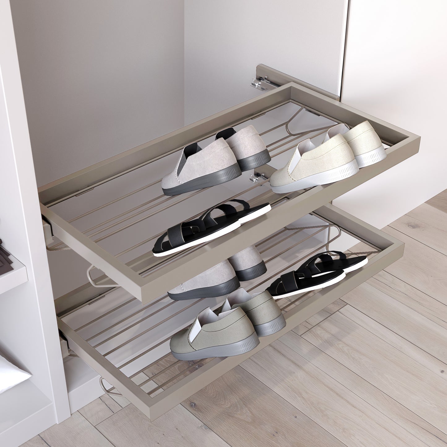 Emuca Kit di porta scarpe in metallo e telaio con guide a chiusura ammortizzata per armadio, regolabile, modulo 900 mm, Grigio pietra