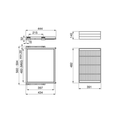 Emuca Kit di cestello in filo e telaio a scorrimento con chiusura ammortizzata per armadio, regolabile, modulo 600 mm, Grigio pietra