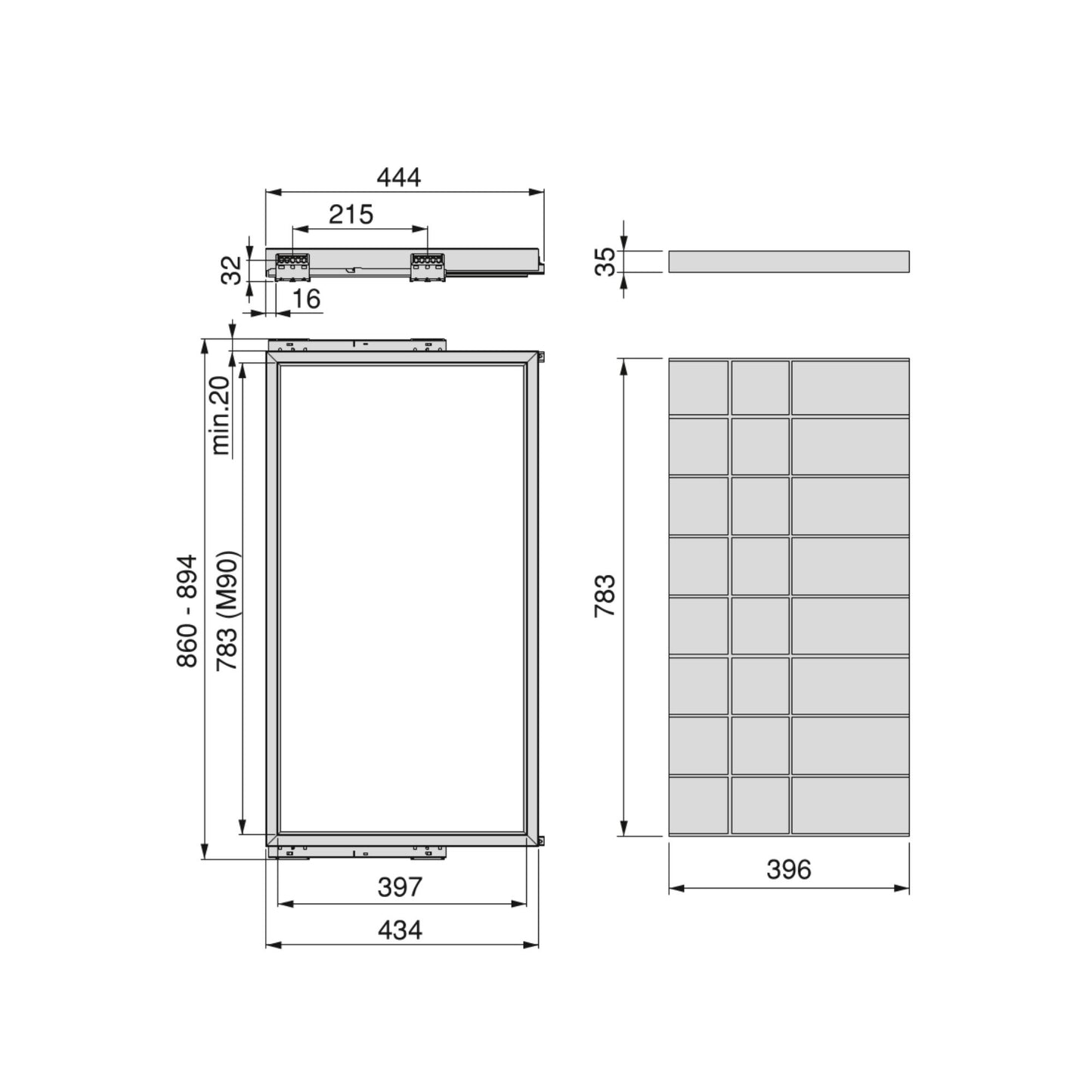 Emuca Kit di cassetto organizzatore e telaio a scorrimento con chiusura ammortizzata per armadio, regolabili, modulo 900 mm, Grigio pietra