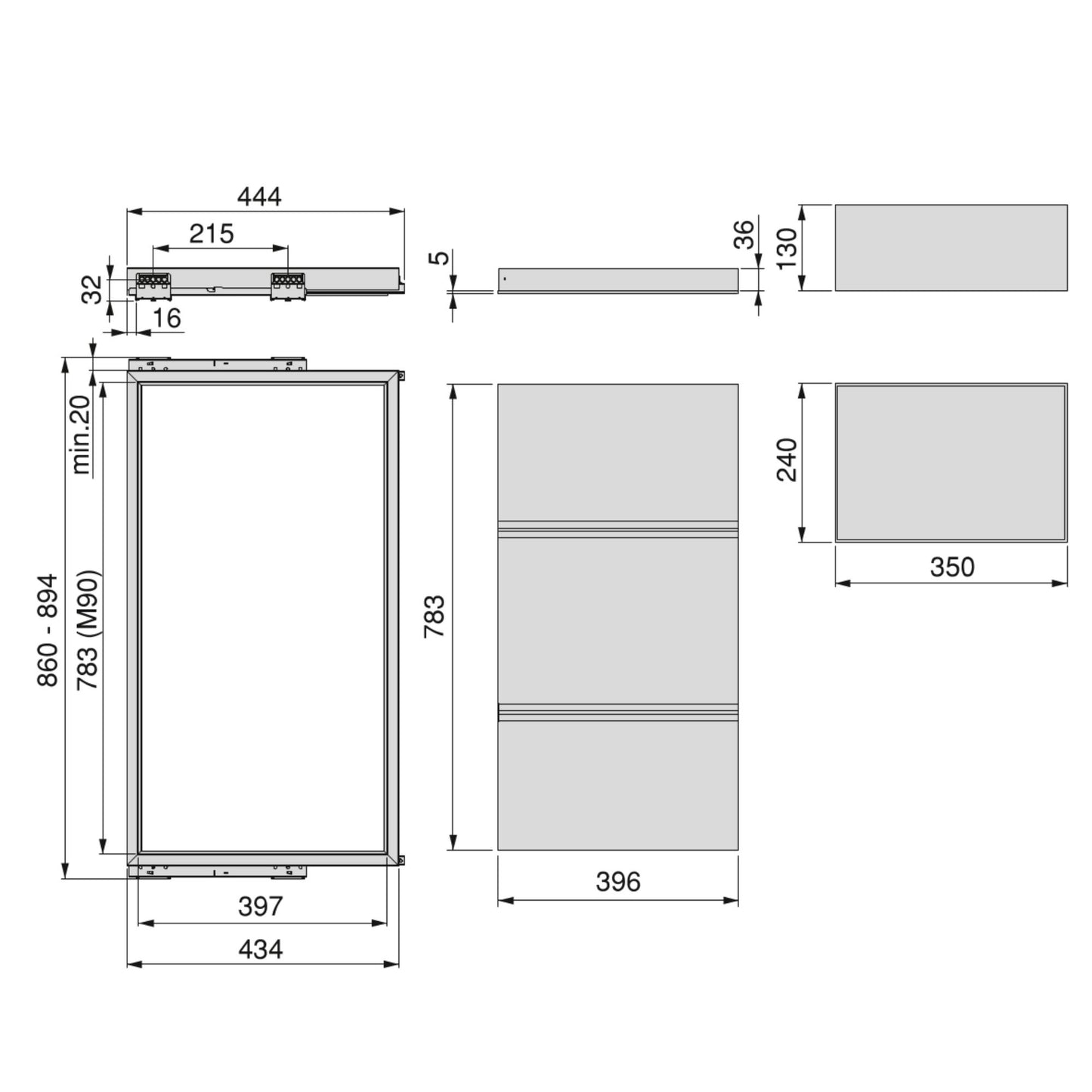 Emuca Kit di vassoio, 3 cestini organizzatori e telaio a scorrimento con chiusura ammortizzata per armadi, regolabile, modulo 900 mm, Grigio pietra