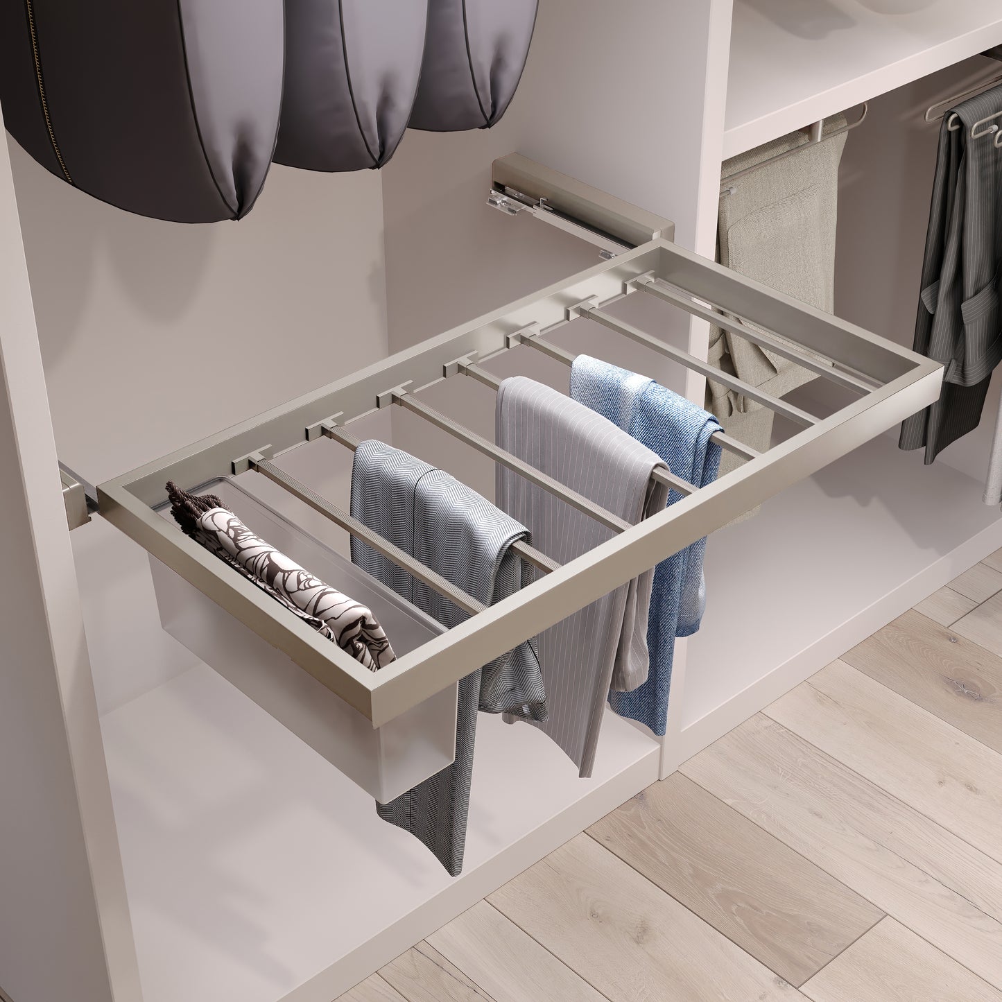 Emuca Kit di 7 aste portapantaloni e telaio a scorrimento Hack per armadi, chiusura ammortizzata, regolabile, modulo 600 mm, Grigio pietra