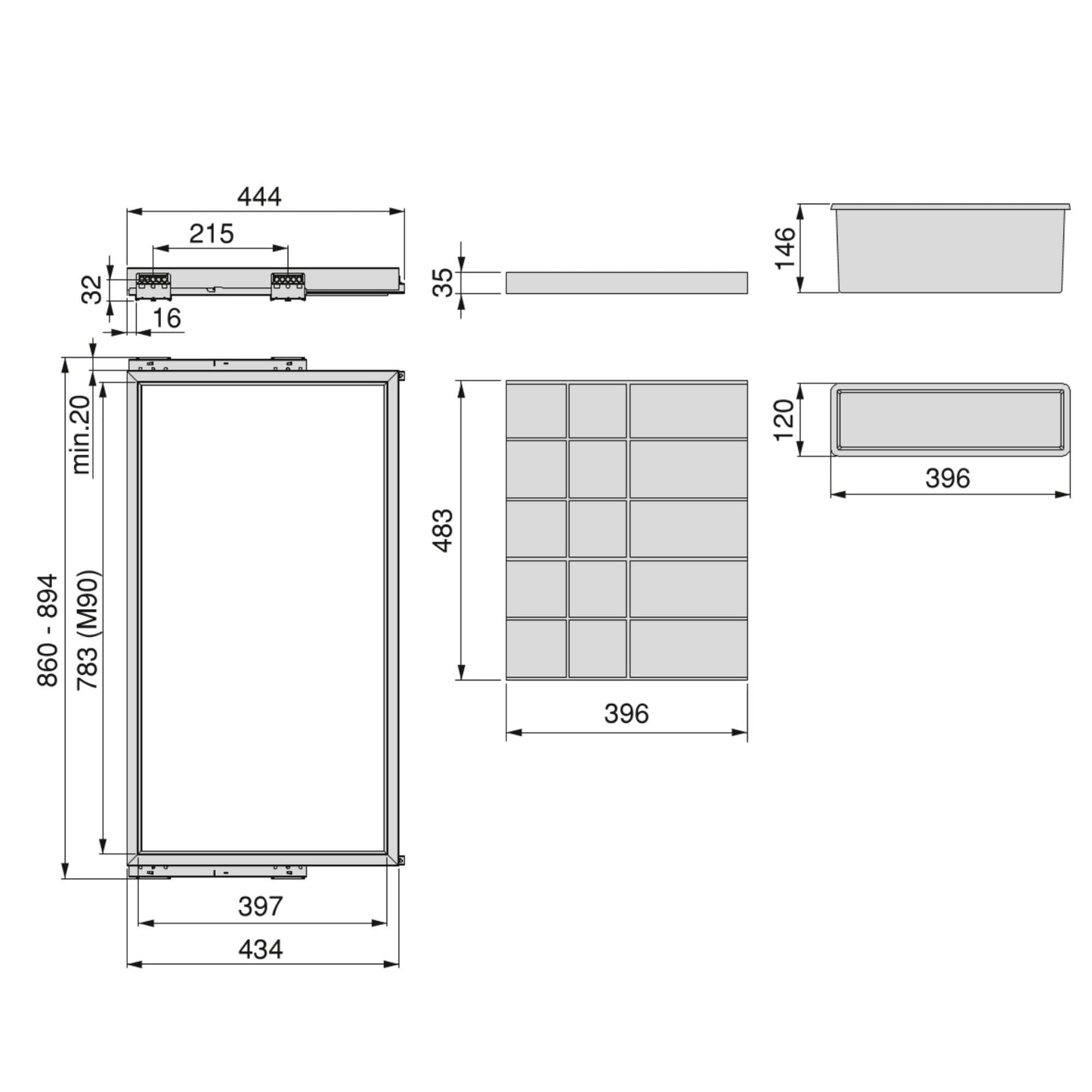 Emuca Kit di cassetti organizzatori, vassoio e telaio a scorrimento con chiusura ammortizzata per armadi, regolabile, modulo 900 mm, Grigio Pietra