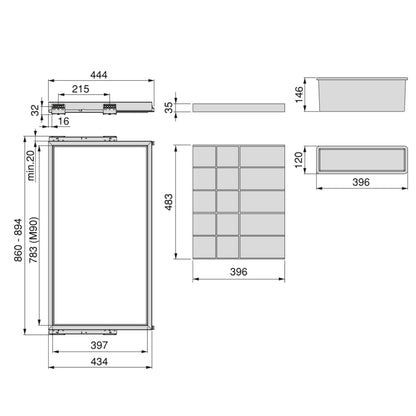 Emuca Kit di cassetti organizzatori, vassoio e telaio a scorrimento con chiusura ammortizzata per armadi, regolabile, modulo 900 mm, Grigio Pietra