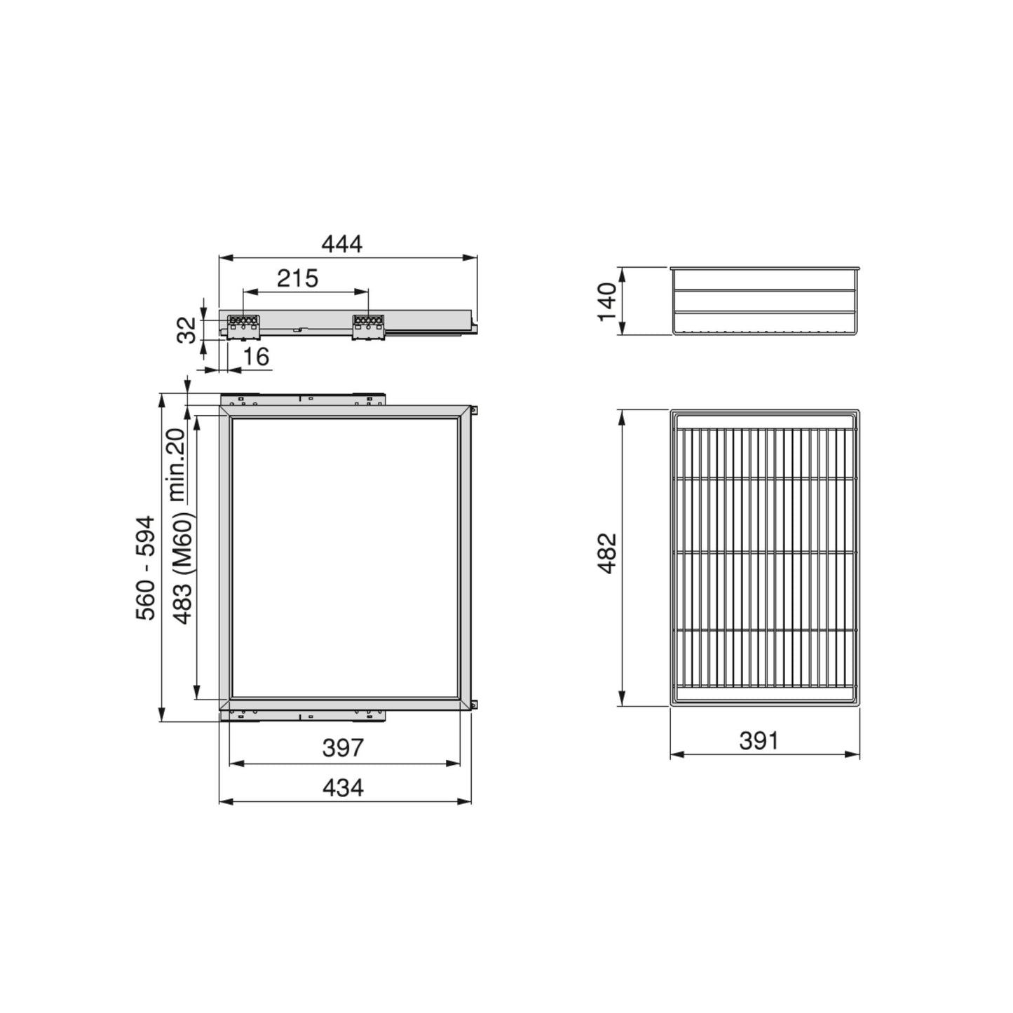 Emuca Kit di cestello in filo e telaio a scorrimento con chiusura ammortizzata per armadio, regolabile, modulo 600 mm, Nero testurizzato