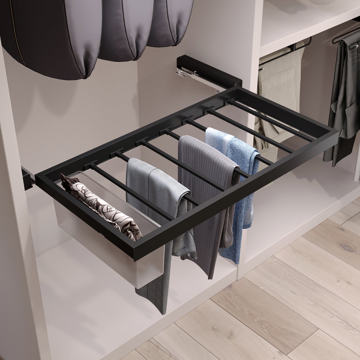 Emuca Kit di 7 aste portapantaloni, 1 vassoio e 1 telaio a scorrimento con chiusura ammortizzata per armadi, regolabili, modulo 800 mm, Nero testurizzato
