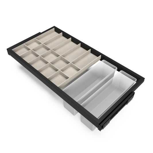 Emuca Kit di cassetti organizzatori, vassoio e telaio a scorrimento con chiusura ammortizzata per armadi, regolabile, modulo 900 mm, Nero testurizzato