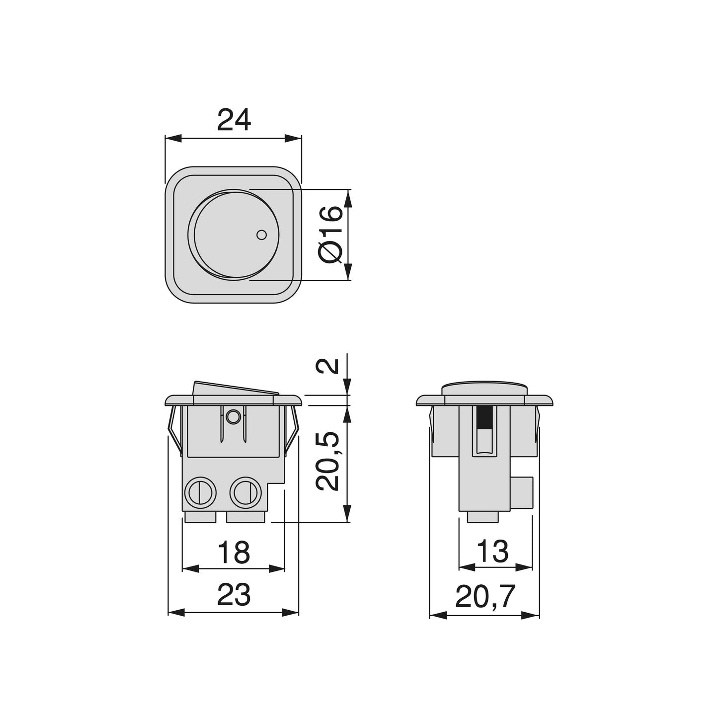 Emuca Lotto di 10 interruttori da incasso D21x21, Tecnoplastica, Grigio